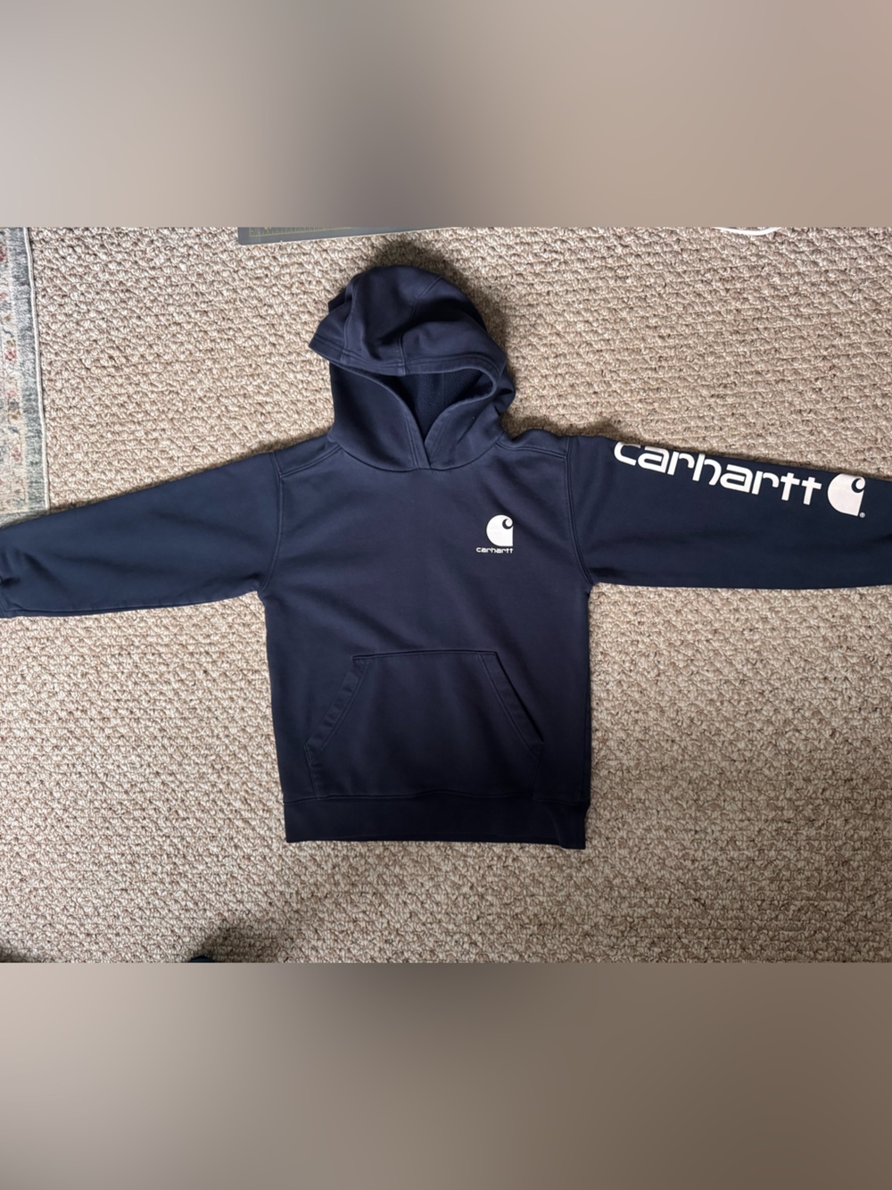 Carhartt Kids Navy Hooded Pullover with Sleeve Logo Sz M 10-12 EUC